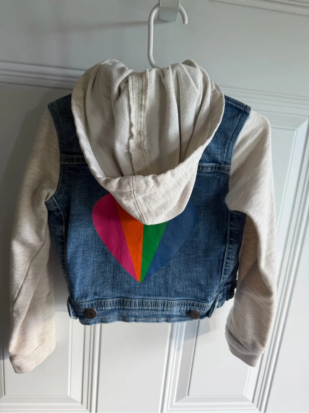 Tucker + Tate Blue Denim Jacket with colorful heart & hood on back size 5